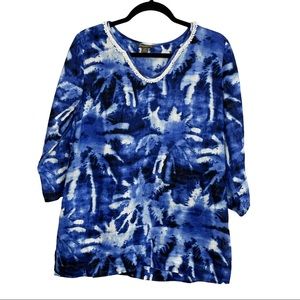 Tommy Bahama Celeste Palm Linen Blue White Tie Dye Tunic Top